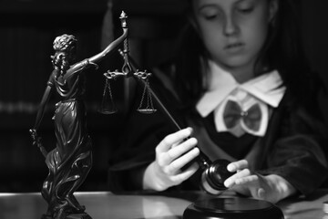 Portrait of female judge (lawyer). Humorous photo. Black and white image.