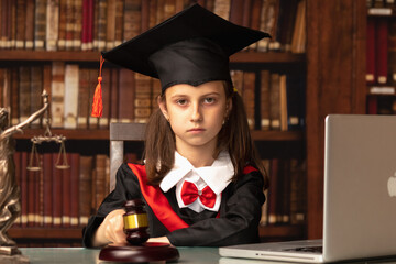 Female judge (lawyer) makes the decision. Horizontal image.