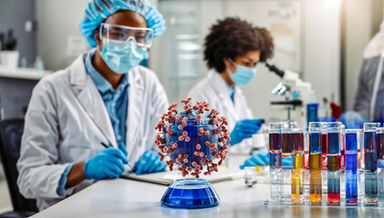 Women scientists looking at a microscope by image of virus