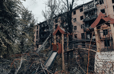destroyed and burned houses in the city Russia Ukraine war