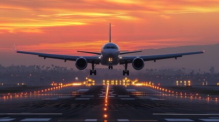 airplane landing at sunrise. 