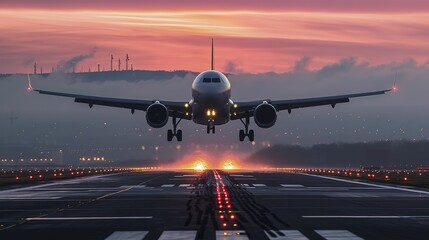 airplane landing at sunrise. - obrazy, fototapety, plakaty