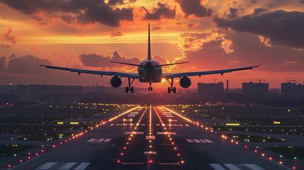 airplane landing at sunset.  - obrazy, fototapety, plakaty