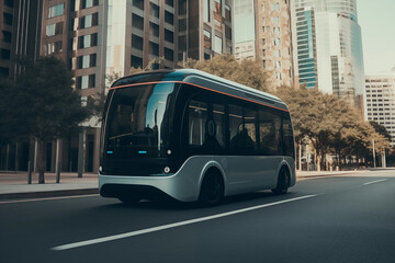 Obraz premium Self driving bus. Autonomous bus driving in city. Future Electric passenger buse. Self-driving passenger electric bus. Public electric E-bus. Driverless bus line with 5g autonomous driving buses.
