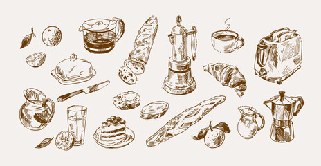 Hand drawn items related to breakfast theme. Drawings of coffee, pastry and orange juice. Vintage style sketches - 730983151