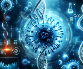 Obraz premium 3d medical background with virus cells and DNA strand photography 