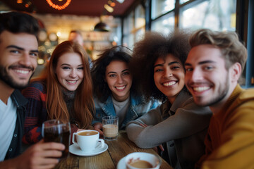 Group of friends having fun and drinking coffee together at cafe. Friendship and lifestyle concept