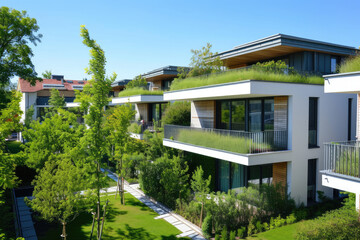 High view of a Modern residential district with green roof and balcony