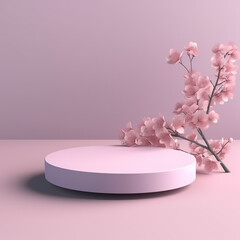 Obraz na płótnie Canvas Fresh lush pink sakura flowers on branch with cylinder podium mockup in soft light white interior on table in floral spring style for presentation cosmetic products