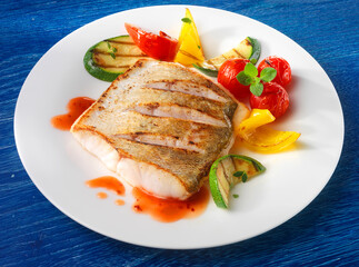 Zander, Tellergericht, Zander gebraten, Bratfisch, Grillgemüse, 