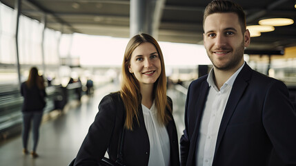 Close-up natural candid portrait of young stylish and trendy businesspeople colleagues wearing modern business clothing at an airport terminal and smiling on business trip - obrazy, fototapety, plakaty