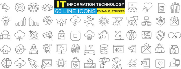 IT, Information Technology, outline icons set. Vector symbols for cloud computing, network security, data management, server, mobile app, web design graphics