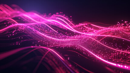 Digital wave with Particles and dots. Abstract dynamic pink wave background. Cyberpank banner
