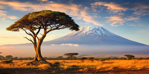 Mount Kilimanjaro. Savanna in Amboseli, Kenya - obrazy, fototapety, plakaty