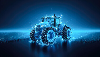 Digital illustration of tractor in blue light against blue background with glowing particles