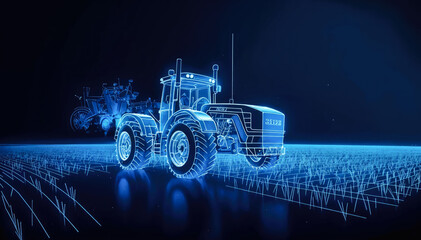 Futuristic tractor with blue neon lines on dark background - obrazy, fototapety, plakaty