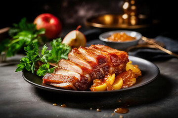 Crispy pork belly served with apple sauce - obrazy, fototapety, plakaty