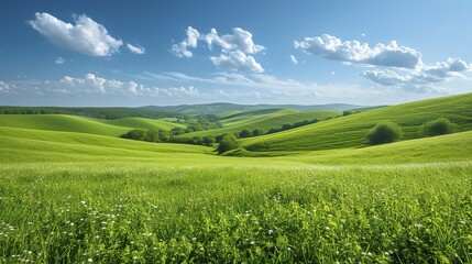 Beautiful countryside in Ukraine Europe Summertime nature photo of lush green pastures and clear blue sky Explore Earth s beauty Copy space image Place for adding text or design  - obrazy, fototapety, plakaty