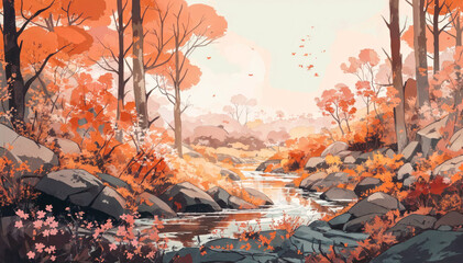 Autumn forest landscape with river and falling leaves, vector illustration