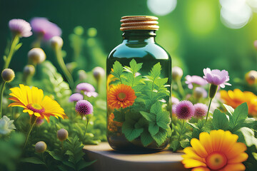 Organic bottle with flowers and leaves on a fresh garden. Lifestyle. Nature, plants and flowers - Healthy living bottle - Homeopathy, naturopathy, aromatherapy...