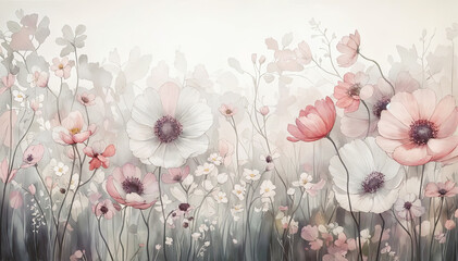 Abstract floral background with pink and white poppies and daisies