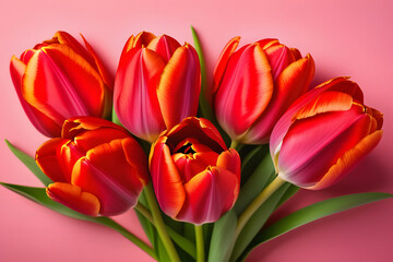 View of a beautiful bouquet of red tulips on a pink background
