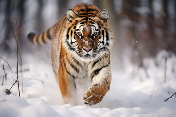 Fototapeta na wymiar a siberian tiger running in the snow winter