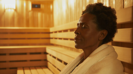 Lifestyle portrait of mature black woman wearing towel robe and relaxing in sauna, side view - Powered by Adobe