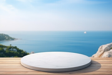 white marble podium with ocean sky background