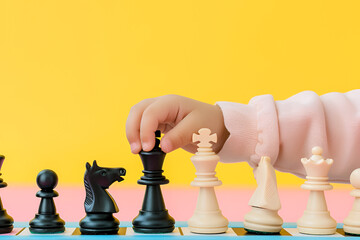 Child learning to play chess on pastel background