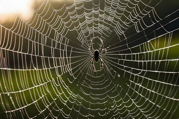 Close-up of Black Orb Weaver Spider in Gossamer Web with Morning Dew