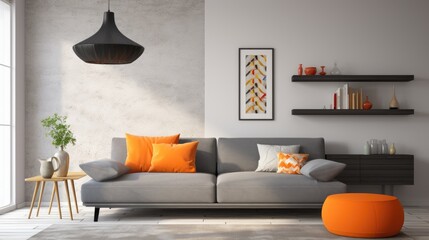 Modern interior with grey Scandinavian sofa and orange lamp above.