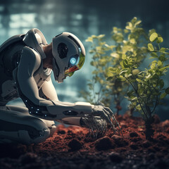 The android, robot, cyborg planting small trees, automation plating, green environmental sustainable development by generative AI.