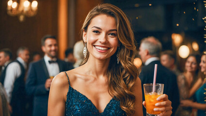 beautiful happy smiling woman wearing an elegant dress at a function with a drink in her hand looking at the camera
