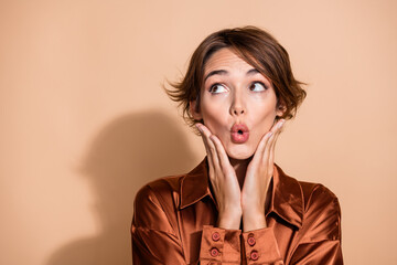 Photo of excited cheerful woman wear silky blouse arms cheeks looking empty space isolated beige color background