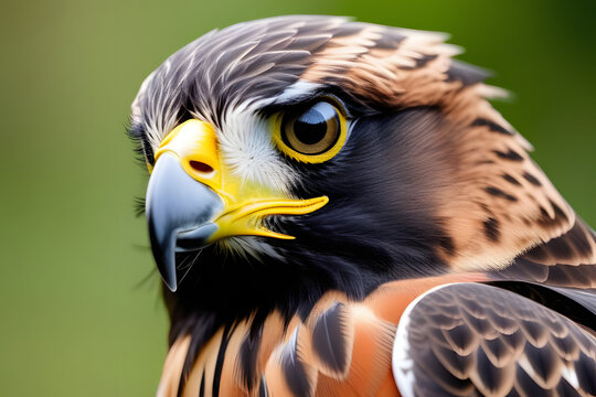 Close up of majestic brown and black hawk with yellow beak, blurred green background