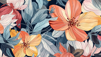 Seamless pattern with hand drawn flowers and leaves Vector illustration