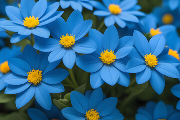 Fototapeta premium Blue flowers with yellow centers are in full bloom.