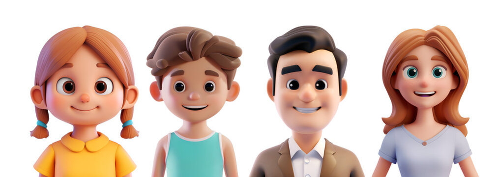 3D Illustration of a Family Portrait: Happy Man, Woman, Boy, Girl, Father, Mother, Son, and Daughter in a Simple Cartoon Render, Isolated on Transparent Background, PNG