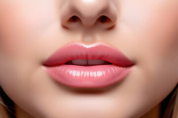 Fototapeta premium Closeup of womans soft, pink lips with natural makeup and a glossy shine