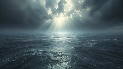 Dark water and a beam of light, in the style of dark sky-blue and light gray, realistic yet stylized, subtle atmospheric perspective, light bronze, and sky - obrazy, fototapety, plakaty