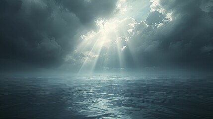 Dark water and a beam of light, in the style of dark sky-blue and light gray, realistic yet stylized, subtle atmospheric perspective, light bronze, and sky
