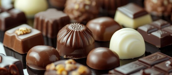 A variety of chocolates, a delightful sweet treat, are placed on the table, showcasing different flavors and types.