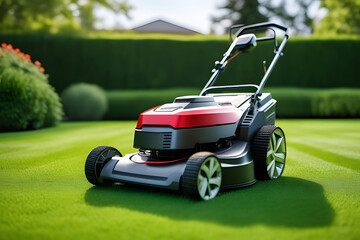 Black and red lawn mower cutting grass in a backyard on a sunny day