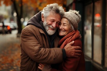 Couple over 50 years old. Realistic portrayals of love. Valentine's Day in everyday life. An elderly couple hugs each other tenderly and carefully