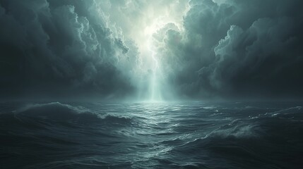 Dark water and a beam of light, in the style of dark sky-blue and light gray, realistic yet stylized, subtle atmospheric perspective, light bronze, and sky  - obrazy, fototapety, plakaty