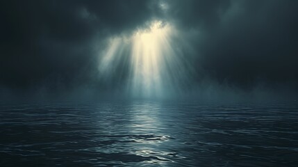 Dark water and a beam of light, in the style of dark sky-blue and light gray, realistic yet stylized, subtle atmospheric perspective, light bronze, and sky