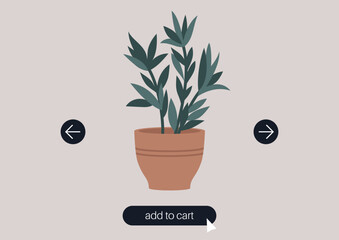 Online Nursery Cart Addition, a vibrant green plant in a classic terracotta pot, symbolizing online shopping for home gardening enthusiasts - obrazy, fototapety, plakaty