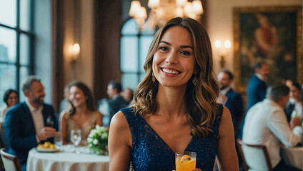 beautiful happy smiling woman wearing an elegant dress at a function with a drink in her hand looking at the camera - obrazy, fototapety, plakaty