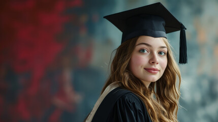 A young female graduate turns around as she poses for a portrait